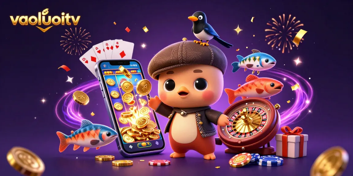 Win big with vaoluoitv as adorable cartoon characters play lively casino games amid colorful slot action.