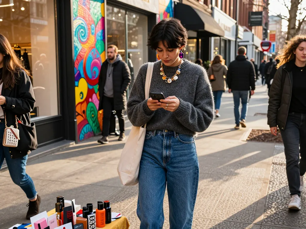 Person exploring fashion trends on revelcollective.myshopify.com in stylish urban setting