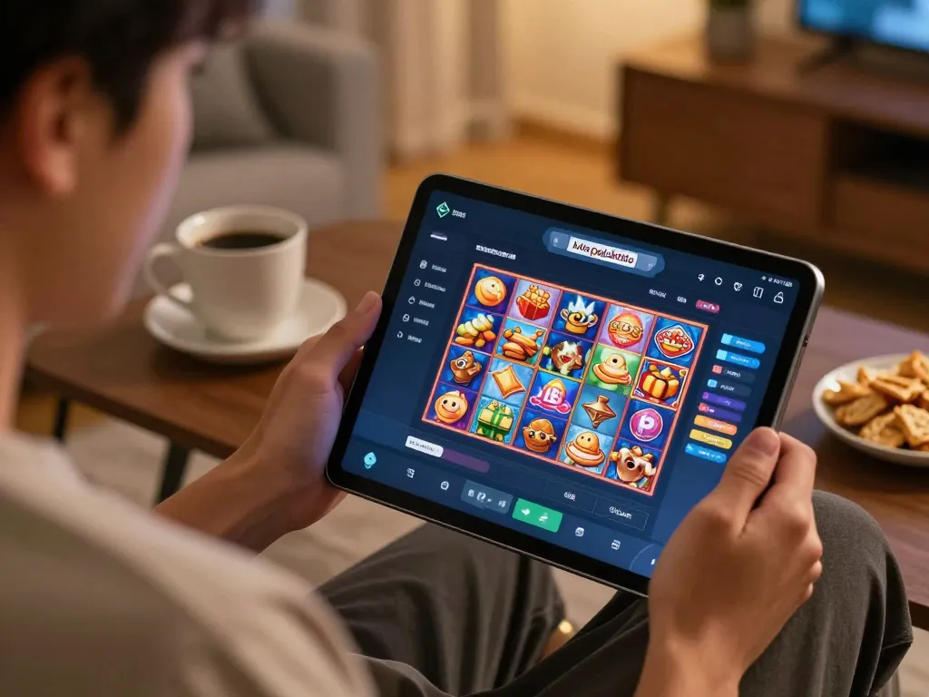Engaging in situs pajaktoto online gaming on tablet in cozy home environment, emphasizing comfort and strategy.