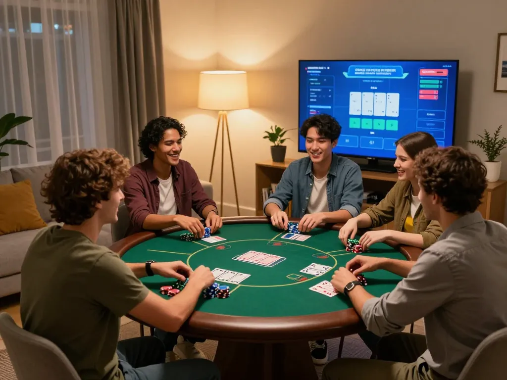 Friends enjoying an online poker experience with 3win on a large screen, capturing a lively atmosphere.