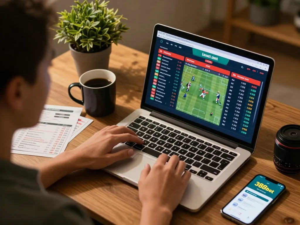 Person engaging in live sports betting on 388bet app, laptop displaying exciting odds and sporting events.