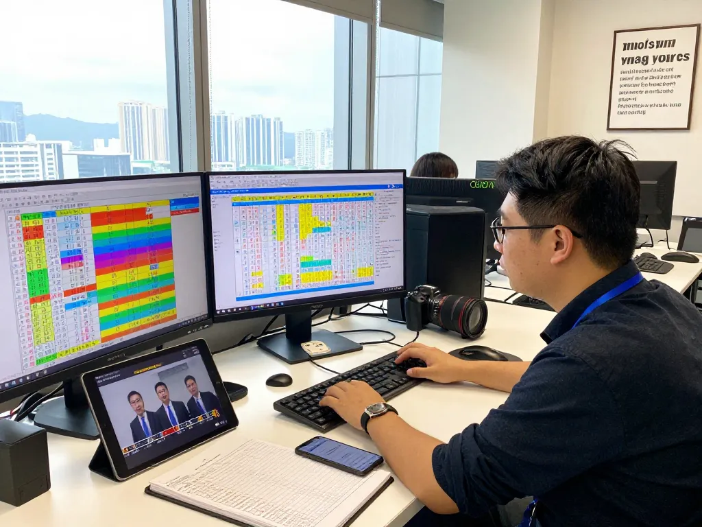 Analyzing Hongkong Lotto data trends in a modern workspace with digital devices and city view.