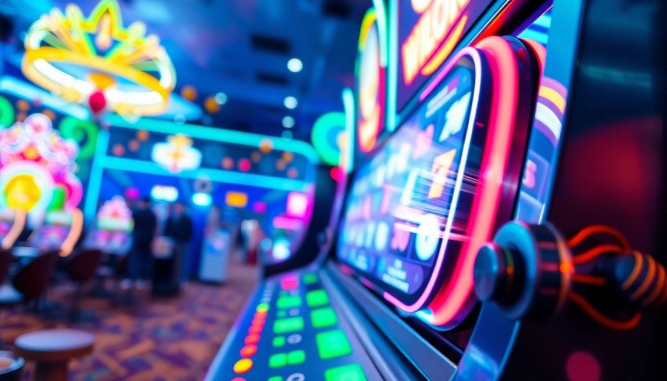 Menangkan permainan slot777 dengan mesin yang berkilau dan latar belakang kasino yang meriah.