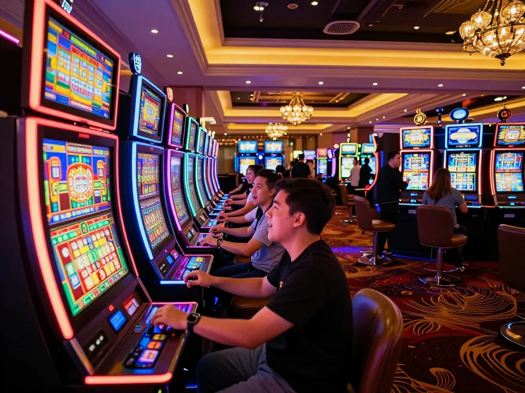 Exciting gaming action at a vibrant situs slot area filled with flashing machines and engaged players.