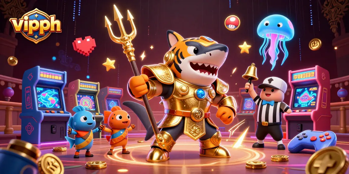 Engage with vipph games featuring a dynamic scene of a gladiator shark and arcade elements.