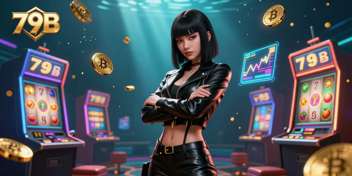 Engage with 79B's vibrant casino scene featuring spinning slots and a confident player.