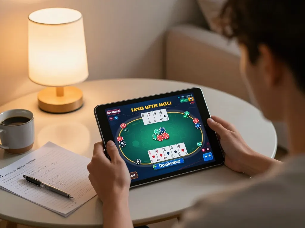 Engaged user playing Poker Uang Asli Dominobet on tablet in a cozy living room setting.