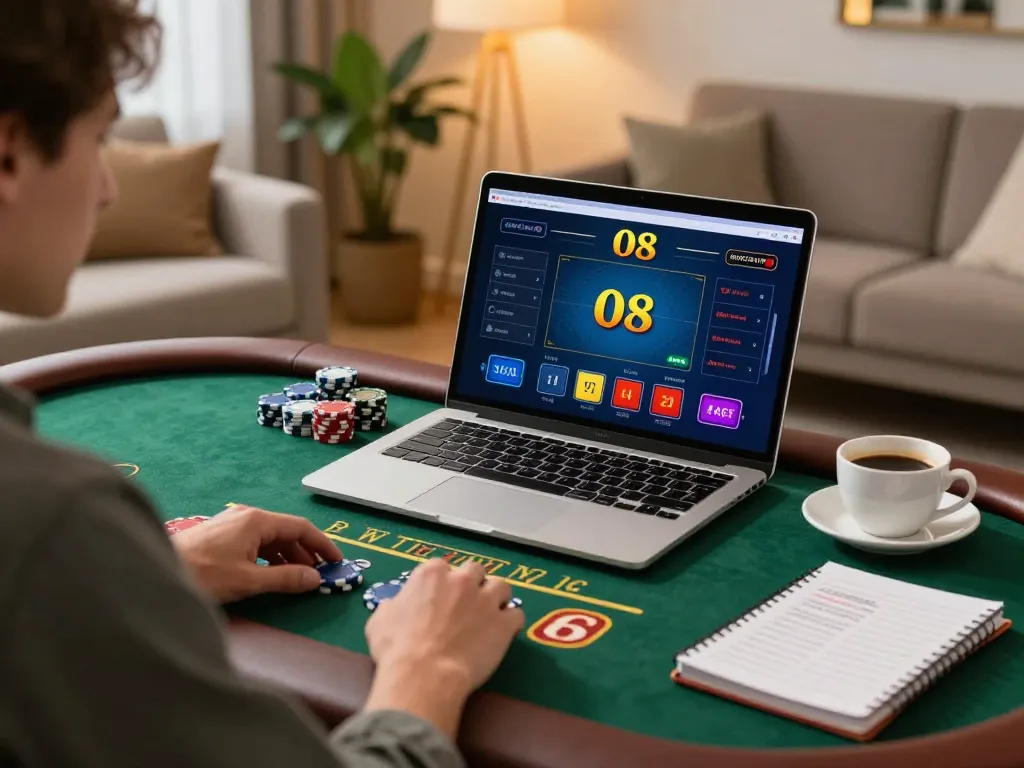 Player engaged in O8 blackjack strategy during cozy online gaming session at home.