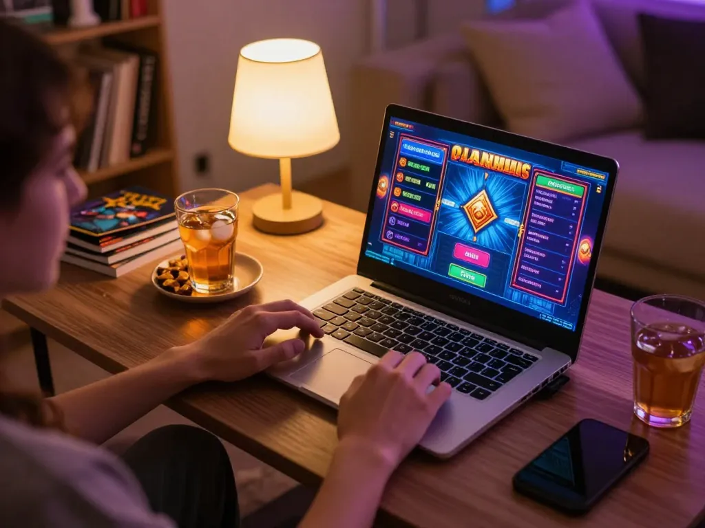 Player enjoying sites not on gamstop while gaming on a laptop surrounded by snacks and drinks.
