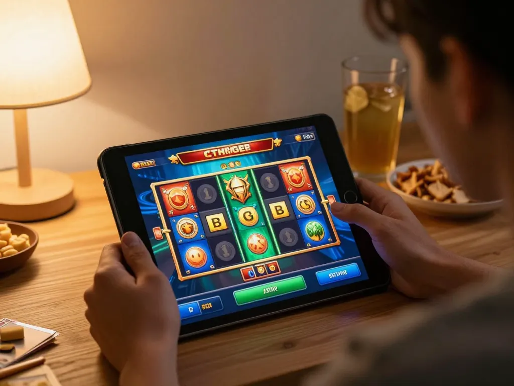 Engaging online slot game depicted in a comfortable home setting, showcasing slot depo 1000 gameplay with colorful interface and relaxing atmosphere.