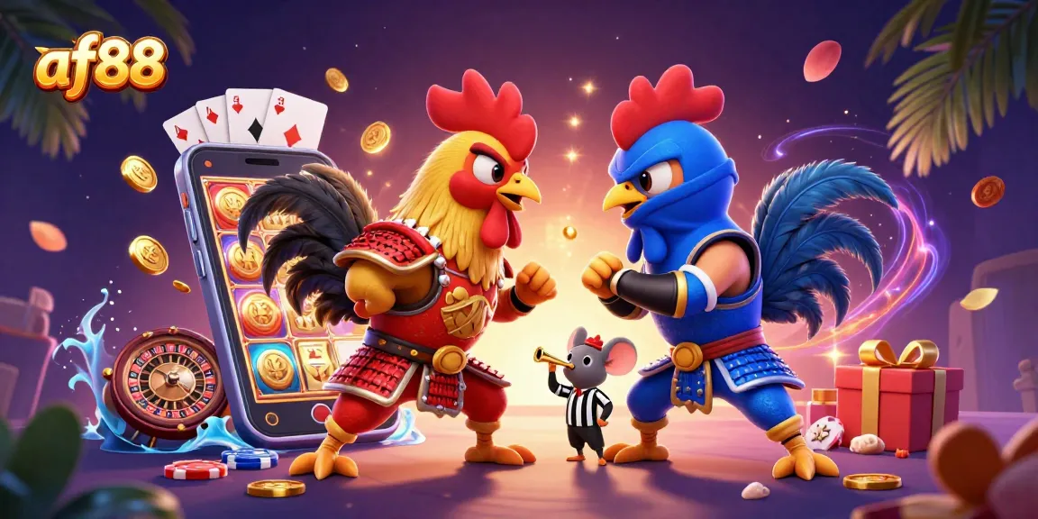 Engage in epic battles with af88 as fighting roosters clash in a colorful casino scene.