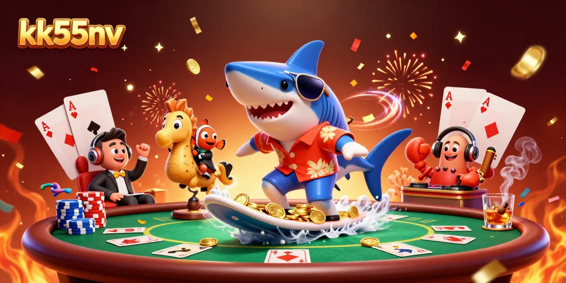 Experience thrilling gameplay at kk55nv with a vibrant scene showcasing a shark and friends at a poker table.