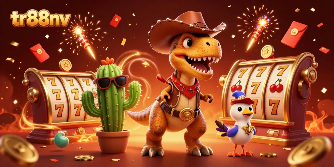 Engage with tr88nv's dynamic slots experience featuring a vibrant 3D dinosaur and celebratory elements.