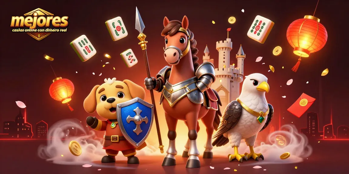 Disfruta de los mejores casinos online con dinero real en una ilustración vibrante y dinámica de caballos medievales y símbolos de suerte.