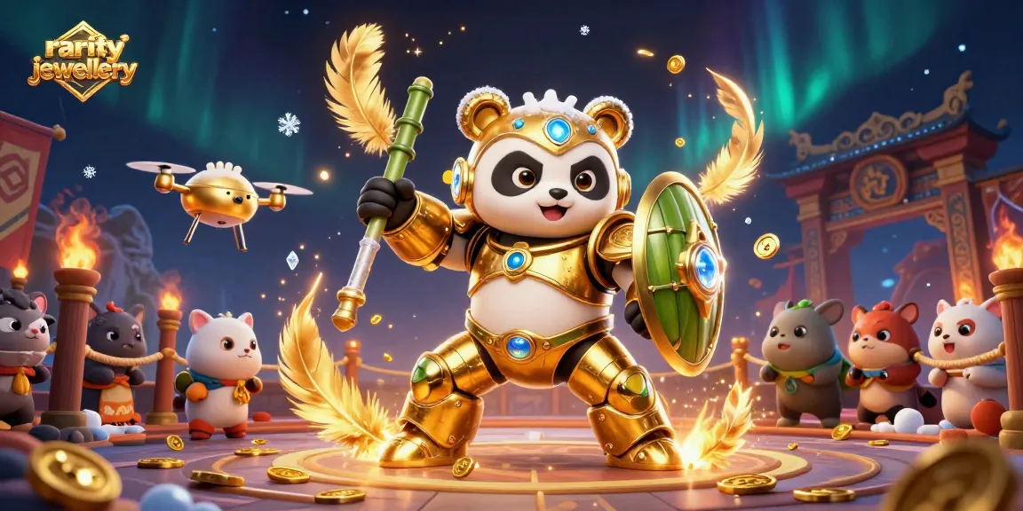 Experience exciting gameplay at rarityjewellery with golden panda and immersive fighting robot in a vibrant casino arena.