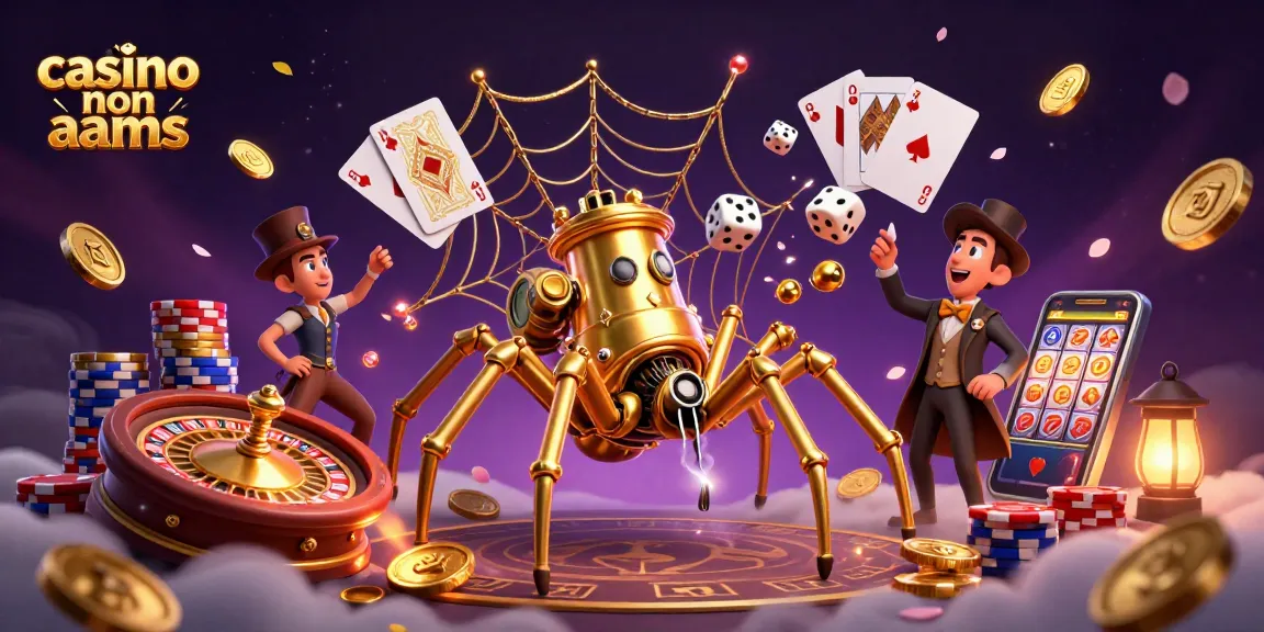 Illustrazione 3D di un ragno d'oro steampunk in un casinò non AAMS, con monete e gemme volanti