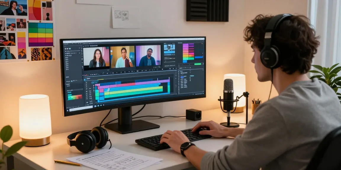 Engaging scene of an Adobe Premiere Pro training course in a vibrant video editing studio, highlighting a freelance editor at work.