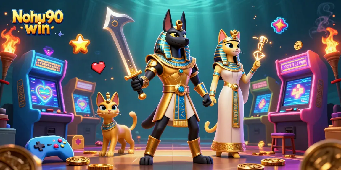 Nohu90 win epic gaming scene featuring Anubis and Bastet with vibrant casino elements