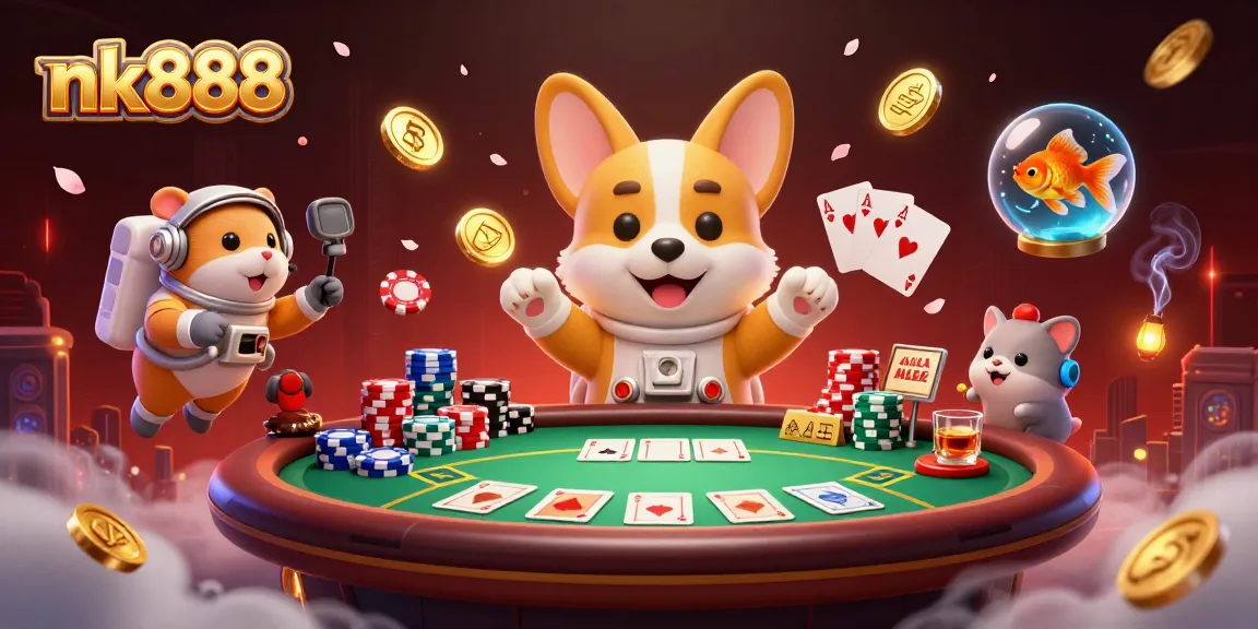 Engage in thrilling gaming with nk888 amidst floating coins, poker chips, and vibrant characters