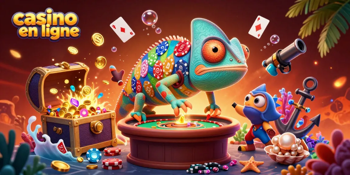 Jouer au casino en ligne avec un caméléon animé entouré de trésors et de jeux passionnants.