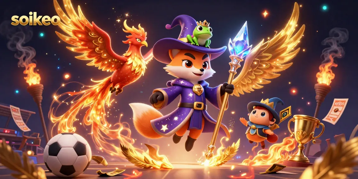 Bet on soikeo sports insights with a wizard fox and phoenix in a magical betting arena.