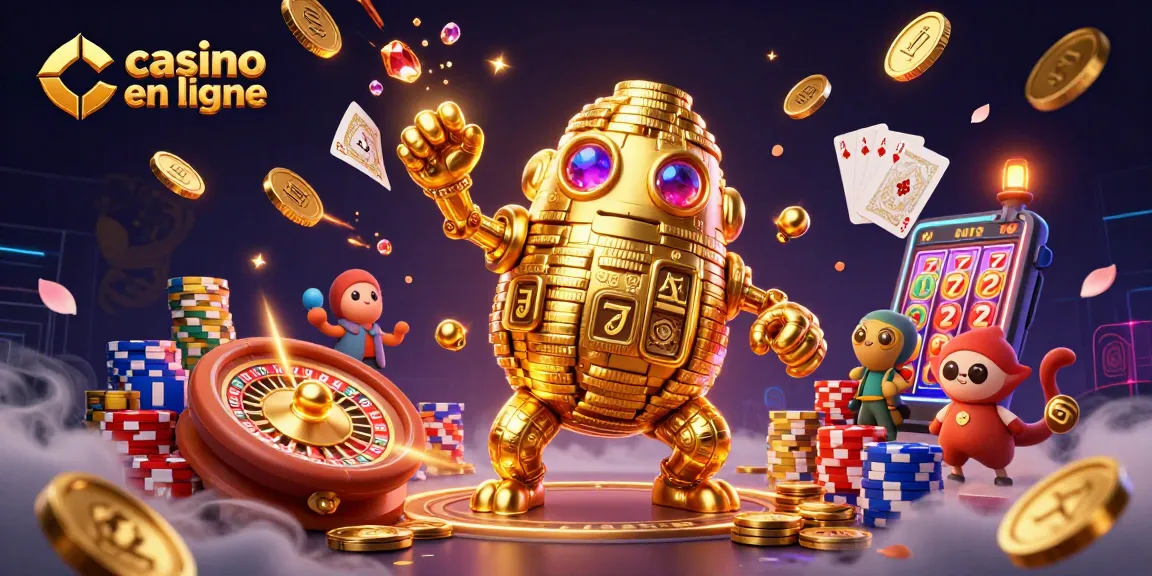 Jouez au casino en ligne avec ce golem d'or dynamique entouré de pièces scintillantes et de cartes gagnantes.