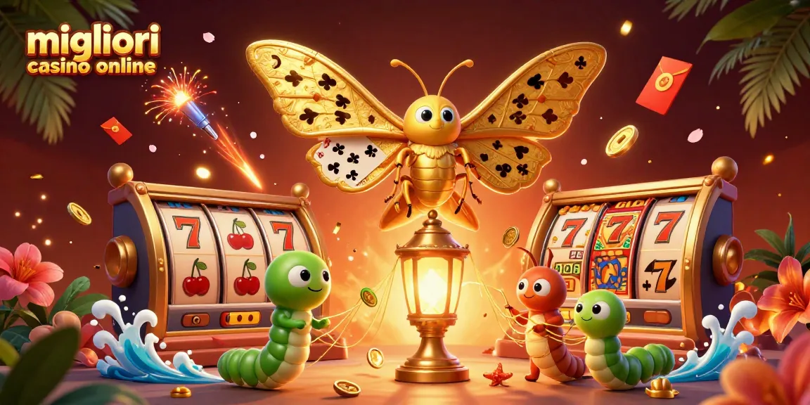 Gioca nei migliori casino online con una farfalla 3D che presenta simboli di carte e slot sullo sfondo luminoso.