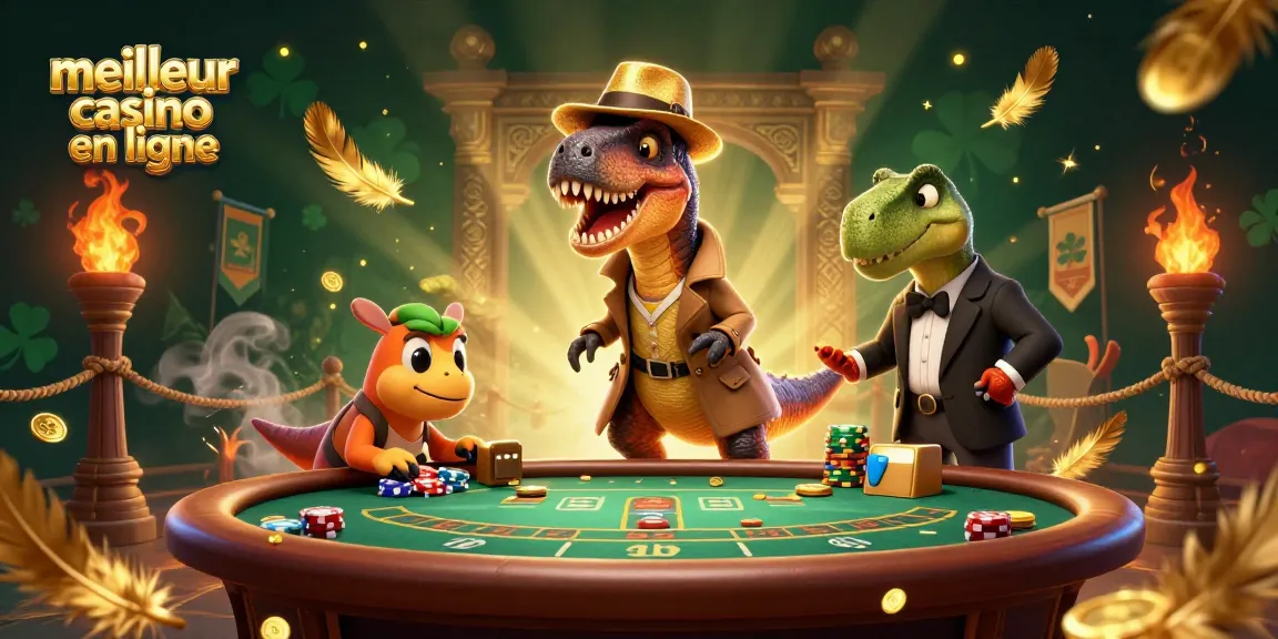 Visuel illustrant un meilleur casino en ligne avec un vélociraptor joueur de blackjack et un pit boss stégosaure.