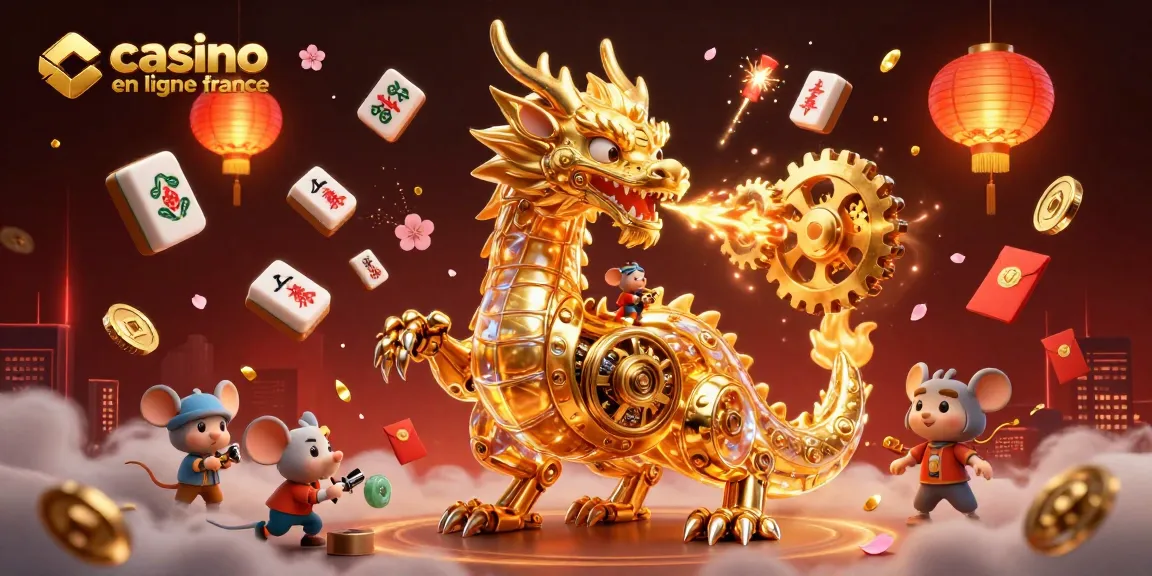 Jouez sur un casino en ligne France avec un dragon doré et des éléments de jeu vibrants.