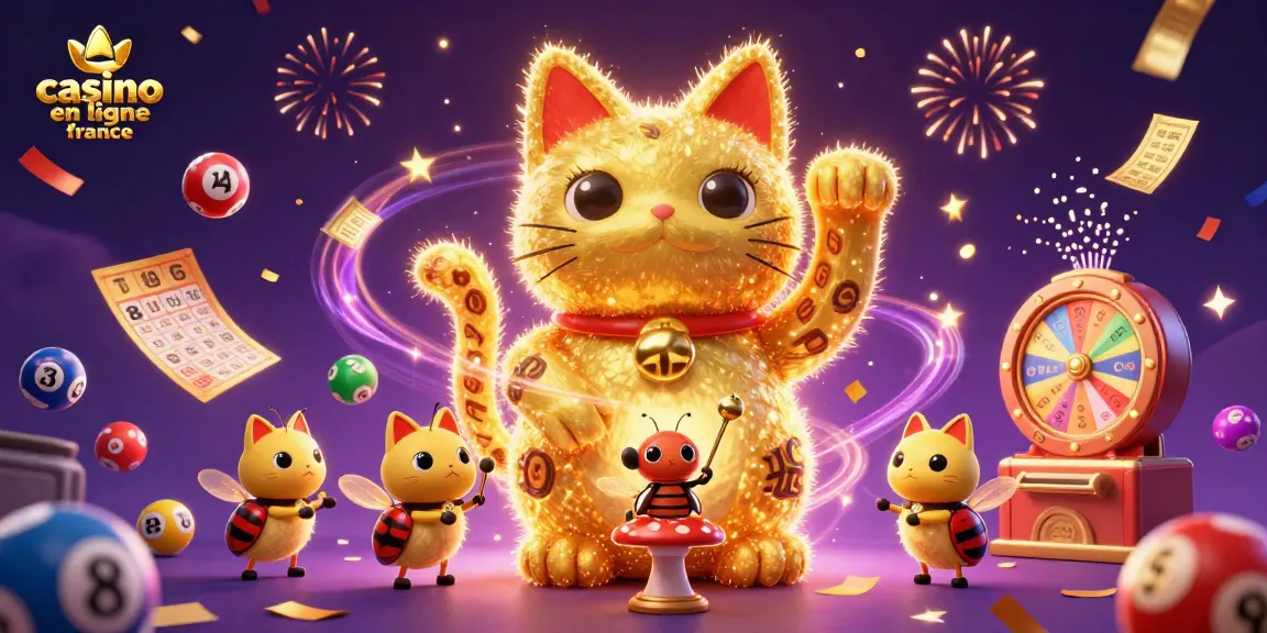 Illustration captivante pour un casino en ligne France, mettant en scène des lucioles et un chat porte-bonheur.