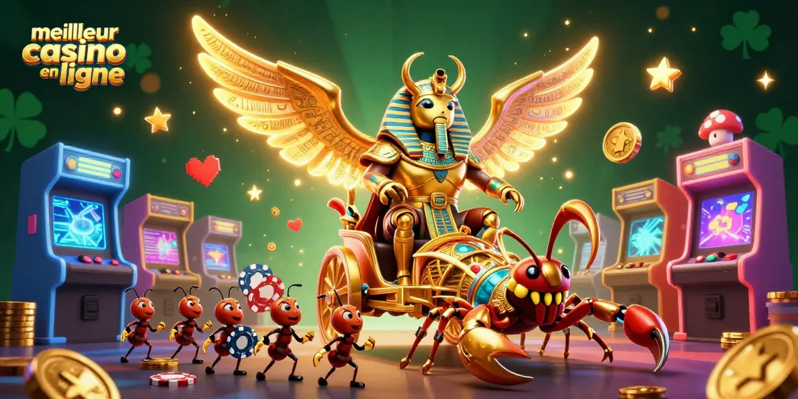 Vivez l'excitation du meilleur casino en ligne avec le scarabée colossal et des éléments de jeu colorés.