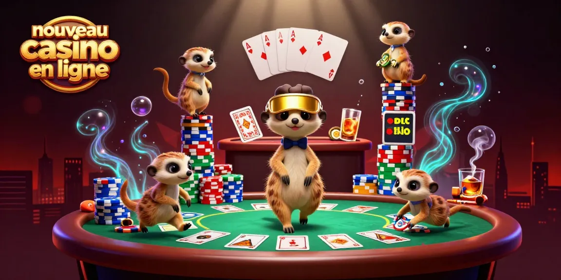 Découvrez l'univers captivant du nouveau casino en ligne avec une illustration de suricates s'affairant autour de jeux de poker.