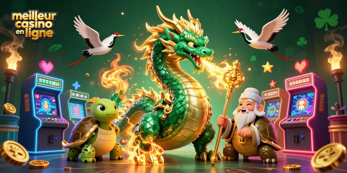 Découvrez le meilleur casino en ligne avec un dragon émeraude et des éléments de jeu colorés.