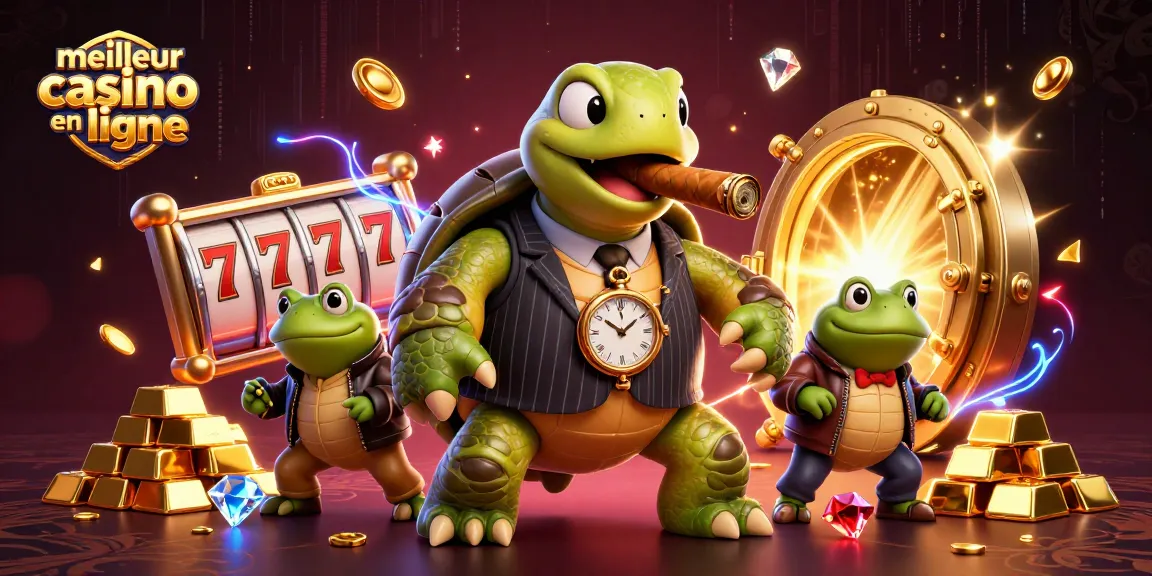Jouer au meilleur casino en ligne avec un mobster tortue entouré de symboles de machines à sous.