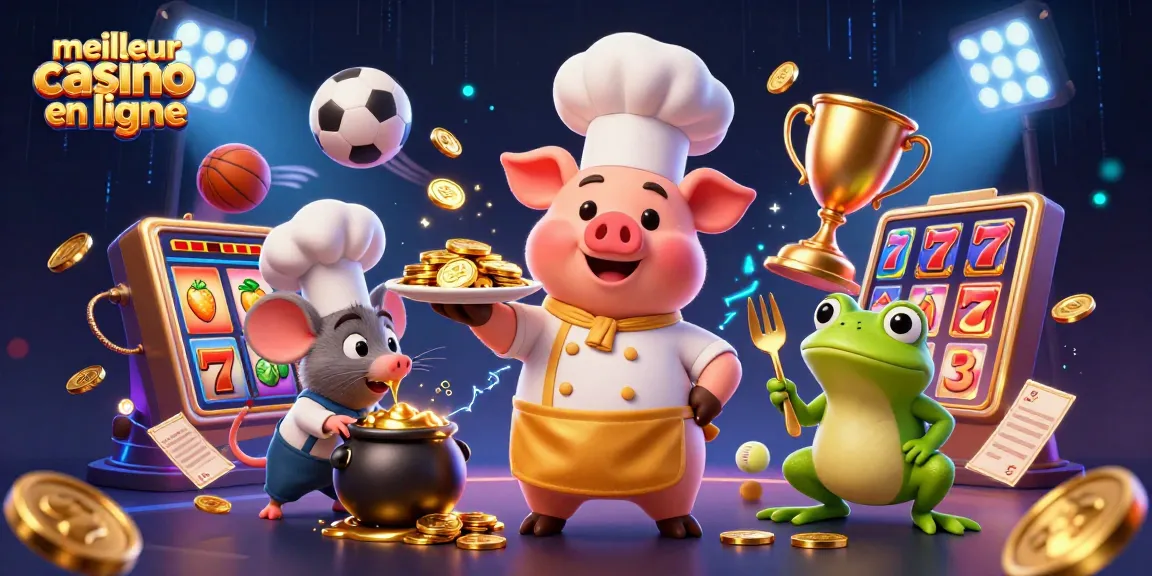 Illustration dynamique mettant en avant le meilleur casino en ligne avec un chef cochon et des éléments de jeu.