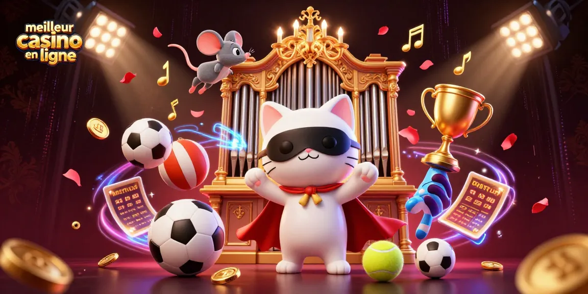 Découvrez le meilleur casino en ligne avec une illustration 3D captivante remplie d'éléments de jeu et d'énergie festive.