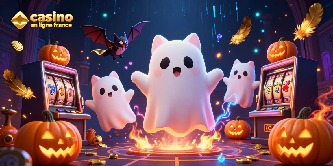 Le casino en ligne France s'anime avec un chat fantôme et une chauve-souris dans une scène festive magique.