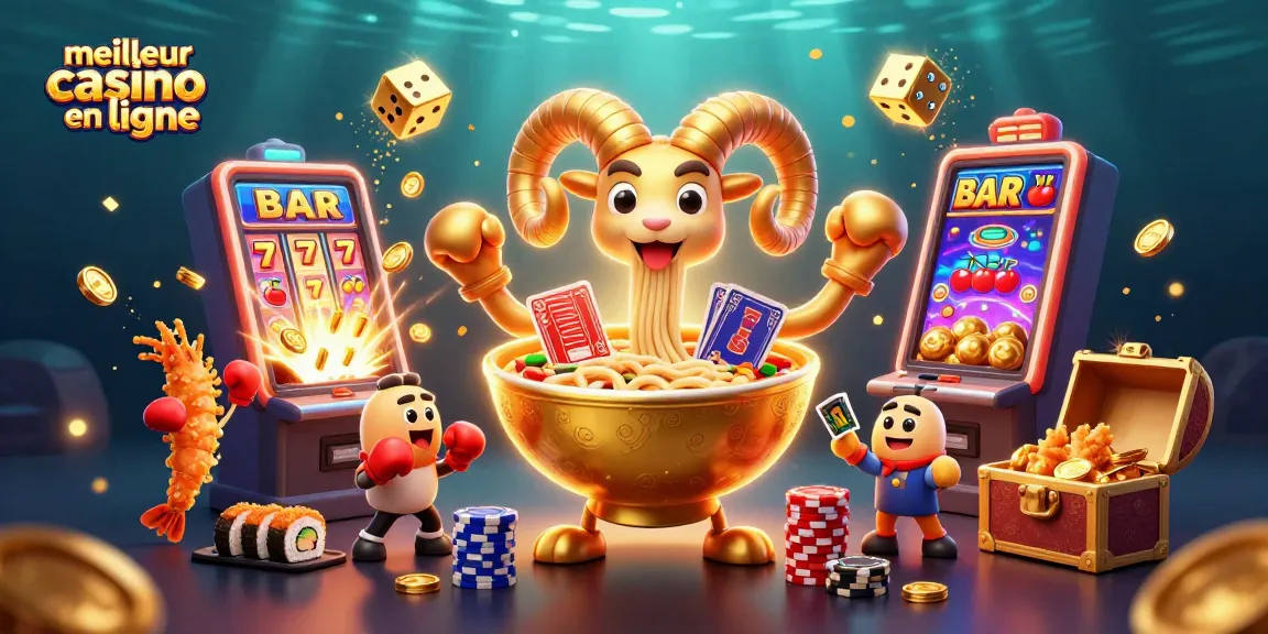 Illustration dynamique de meilleur casino en ligne avec un bol de ramen doré, des dealers de sushis et des cheerleaders en tempura.