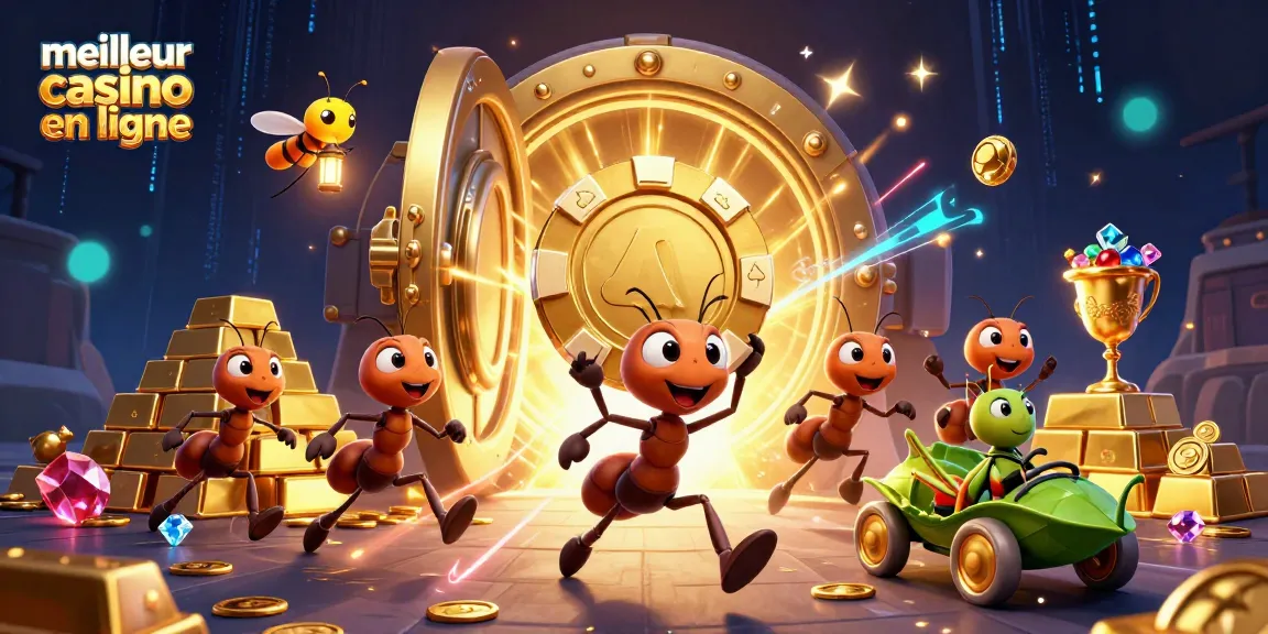 Meilleur casino en ligne : des fourmis en plein vol avec un jeton doré, entourées de trésors.