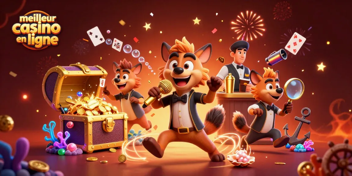 Animations joyeuses au meilleur casino en ligne avec des hyènes hilarantes au micro, cocktails, et éclats de joie.