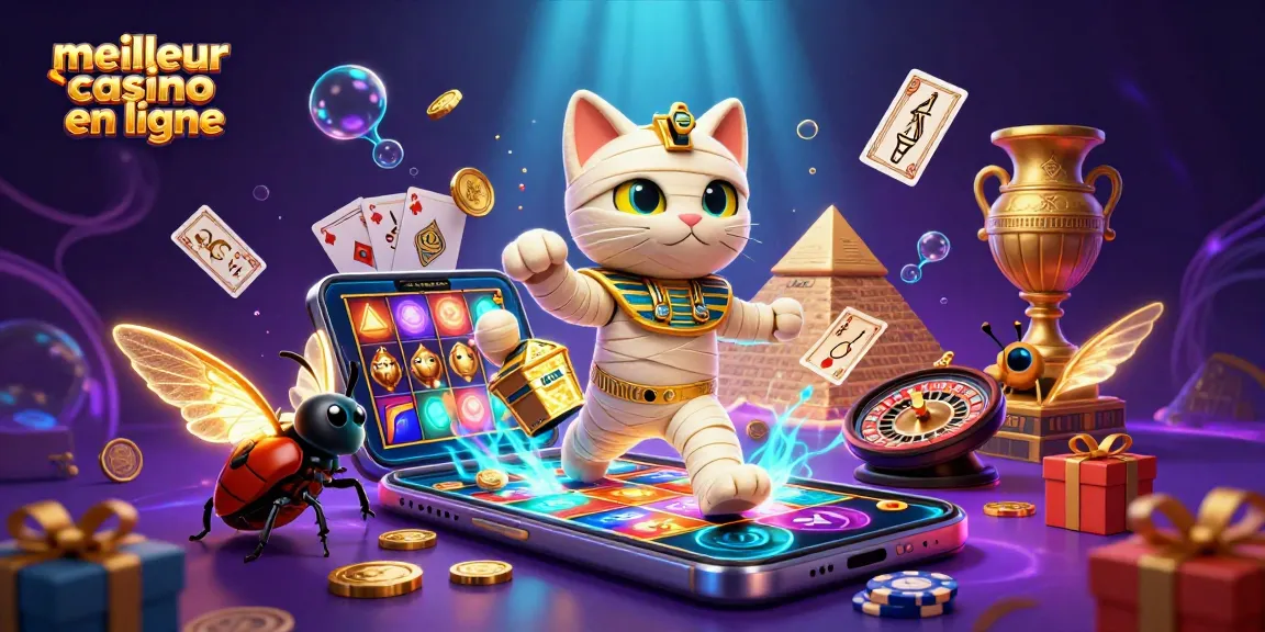 Visualisez le meilleur casino en ligne avec un chat momie égyptien éclatant et des jeux de cartes flottants.