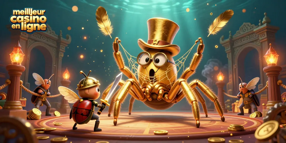 Jouez et gagnez au meilleur casino en ligne avec ce visuel captivant et animé d’une araignée dorée.