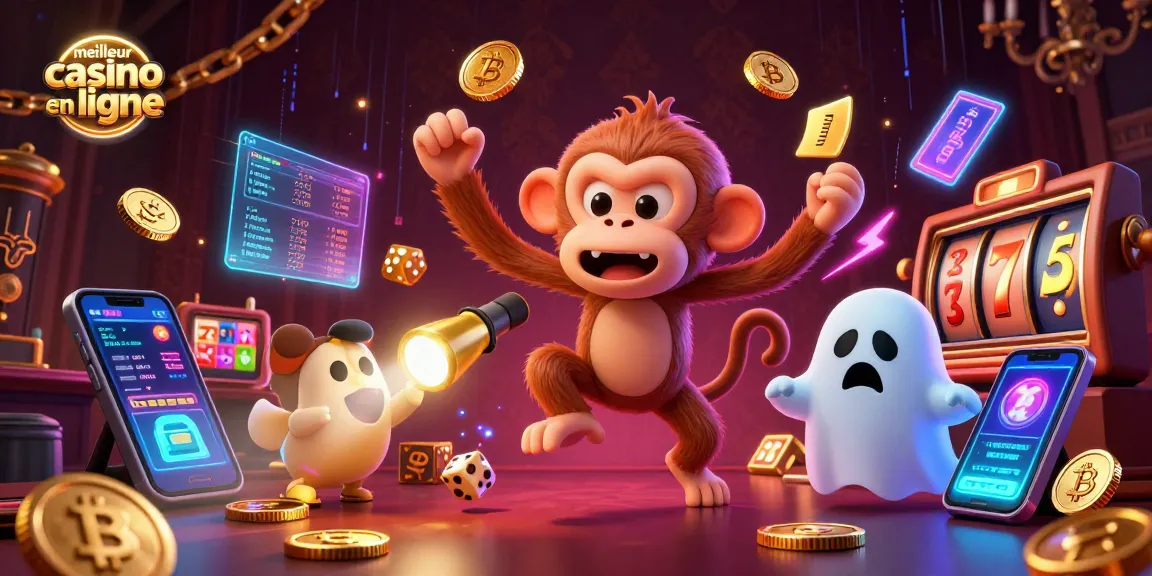 Illustration vibrante du meilleur casino en ligne, avec un singe poltergeist et un chiot chasseur de fantômes, évocateur et ludique.