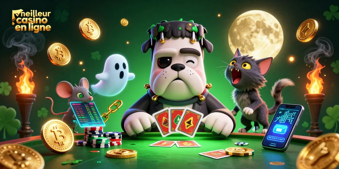 Jouer au meilleur casino en ligne avec un bulldog monstrueux et un chat-garou, entouré d'éléments de cryptomonnaie.