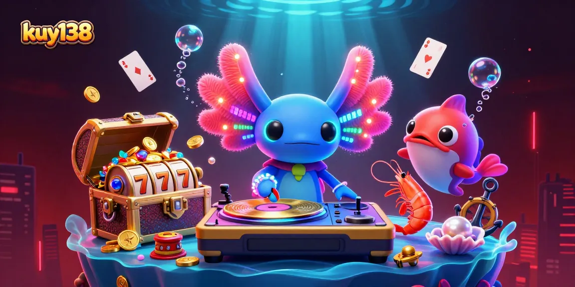 Gambaran dinamis dengan kuy138, DJ axolotl neon di kasino bawah laut, dikelilingi koin emas dan harta karun