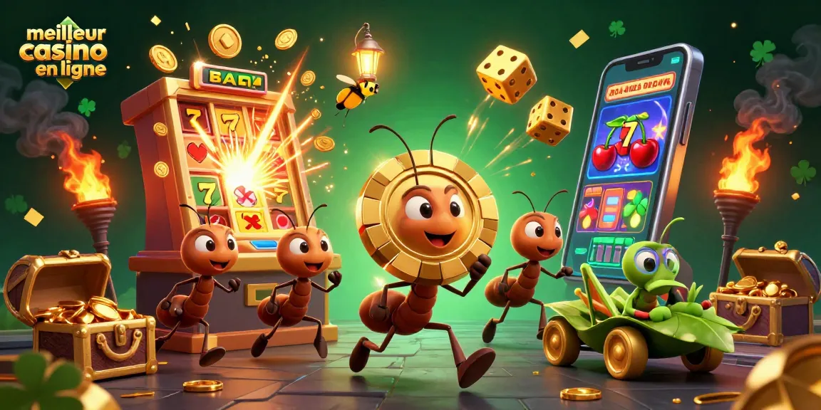Ce visuel illustre le meilleur casino en ligne, mettant en scène des fourmis transportant des jetons de poker dorés.