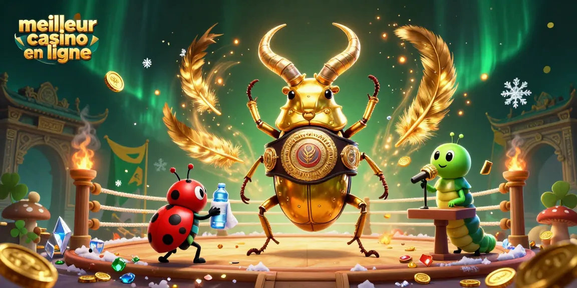Plongez dans l'univers du meilleur casino en ligne avec un combat fantastique entre un scarabée doré sur un ring rempli de pièces d'or.