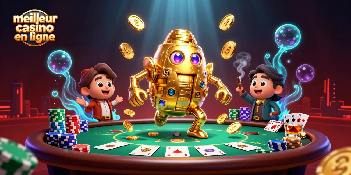 Plongez dans l'univers du meilleur casino en ligne avec un golem doré entouré de cartes et de jetons.