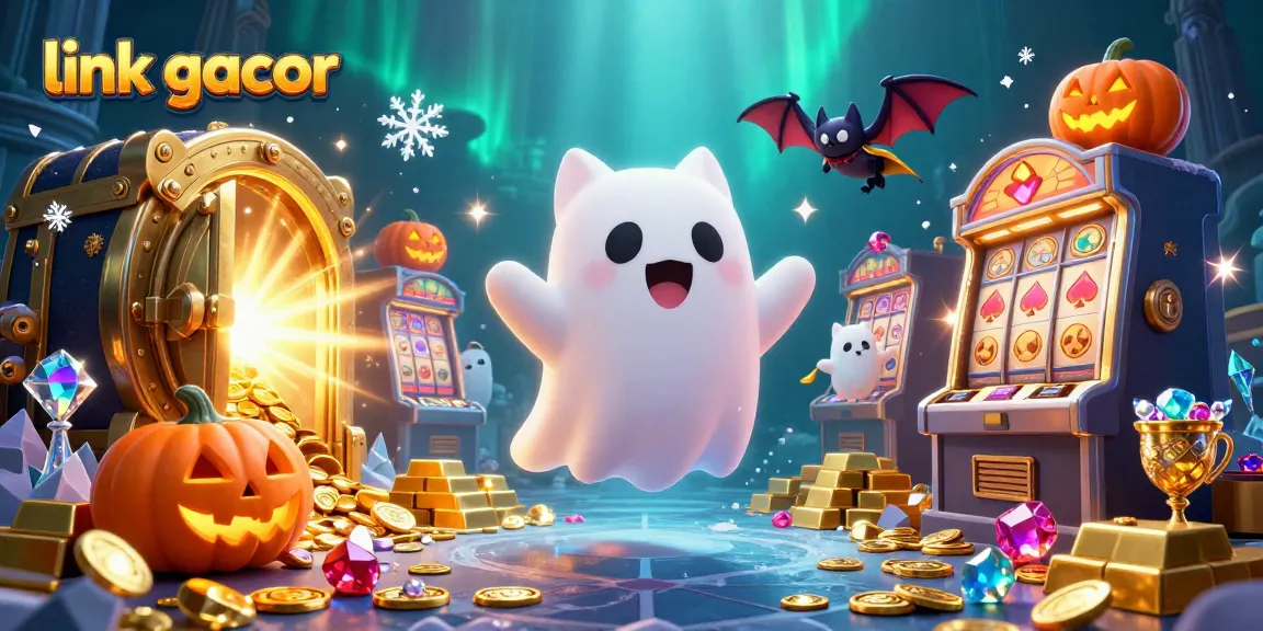 Engage with link gacor in a vibrant, haunted casino scene featuring playful ghost cat and treasures.