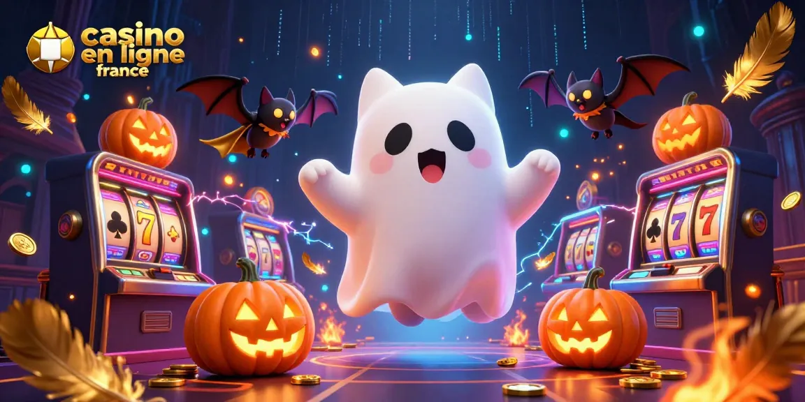 Découvrez le monde du casino en ligne France avec un chat fantomatique et un vampire en cape dorée entourés de jeux de casino.